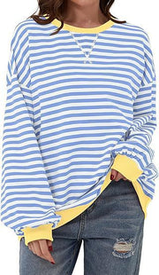 Damen Gestreifter Oversize Pullover mit Kontrastbündchen Nord Taschen – Hellblau - Tagesversand