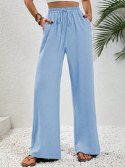 Damen Weite Palazzohose mit hohem Elastikbund, Kordelzug und Eingrifftaschen Nord Taschen – Hellblau