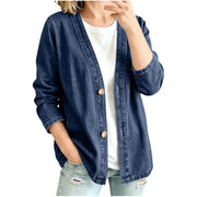 Damen Oversize Jeansjacke im Kimono-Stil mit Holzknöpfen Nord Taschen – Dunkelblau