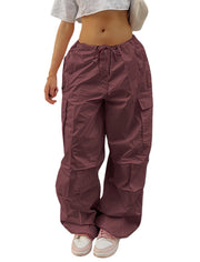 Damen Weite Cargo-Hose aus leichtem Funktionsstoff mit Tunnelzug und Pattentaschen Nord Taschen – Weinrot
