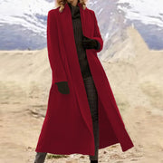 Damen eleganter langer Wollmix-Mantel mit offenem Fall und seitlichen Eingrifftaschen Nord Taschen – Weinrot