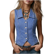 Damen Taillierte Jeansweste mit spitzem Saum und Knopfleiste Nord Taschen – Hellblau