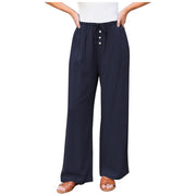 Damen Leinenoptik-Hose mit weitem Bein, Gummizug-Taille, Tunnelzug und Knopfdetail Nord Taschen – Navyblau