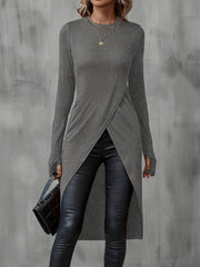 Damen Asymmetrische Langarm-Tunika mit Wickel-Saum Nord Taschen – Grau