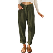 Damen lässige Cordhose mit hoher Taille, lockerer Tapered-Passform und umgeschlagenem Saum Nord Taschen – Armeegrün