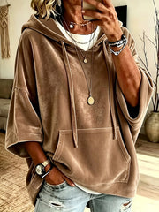 Damen Oversize Samt-Hoodie mit halblangen Ärmeln und Kängurutasche Nord Taschen – Dunkelbraun