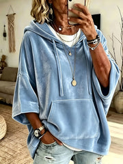 Damen Oversize Samt-Hoodie mit halblangen Ärmeln und Kängurutasche Nord Taschen – Himmelblau