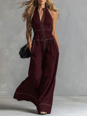Damen Ärmelloser Halter-Jumpsuit mit Reißverschluss, weitem Bein und Eingrifftaschen Nord Taschen – Weinrot