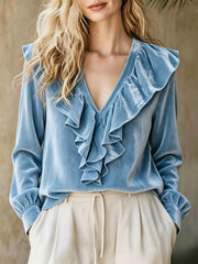 Damen Rüschige V-Ausschnitt-Bluse aus Chiffon mit Volantkragen und elastischen Manschetten Nord Taschen – Himmelblau