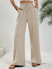Damen Weite Palazzohose mit hohem Elastikbund, Kordelzug und Eingrifftaschen Nord Taschen – Sandbeige