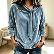 Damen Drapiertes Velours-Sweatshirt mit Knotenschalkragen Nord Taschen – Hellblau