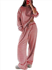 Damen Gestreiftes Lounge-Set aus weichem Baumwoll-Mix mit weitem Bein Nord Taschen – Rot