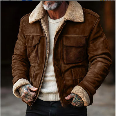 Herren Vintage-Lederjacke mit Teddyfellkragen und praktischen Taschen Aliams
