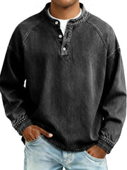 Herren Langarm-Henley Sweatshirt mit Stehkragen und Vintage-Denim-Effekt Nord Taschen – Schwarz
