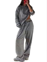 Damen Gestreiftes Lounge-Set aus weichem Baumwoll-Mix mit weitem Bein Nord Taschen – Schwarz