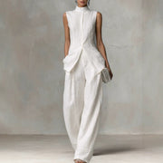 Damen Ärmelloser Leinen-Jumpsuit mit Stehkragen und weitem Bein Nord Taschen – Maximalgröße 320g
