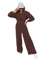 Damen Loungewear-Set mit Cropped V‑Ausschnitt-Pullover und hochtaillierter Palazzohose Nord Taschen – Kaffeebraun - Sofortversand