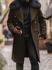 Herren Langer Doppelreihiger Mantel mit voluminösem Teddykragen und eleganten Metallknöpfen Nord Taschen – Braun