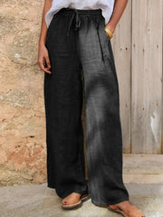 Damen Hochgeschnittene Leinenpalazzo-Hose mit Kordelzug und weitem Bein Nord Taschen – Schwarz