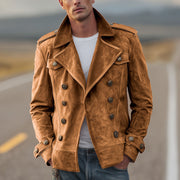 Herren Doppelreihige Lederjacke im Vintage-Look mit Schalkragen und Schulterklappen Nord Taschen – Braun