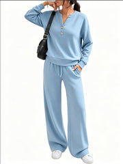 Damen Lounge-Set mit Henley-Kragen und palazzoweiter Jogginghose Nord Taschen – Himmelblau