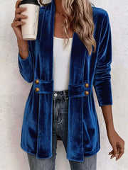 Damen Samt-Longblazer mit Schalkragen und Zierknopfleiste Nord Taschen – Kobaltblau