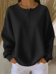 Damen Oversize Waffelstrick-Henleyshirt mit Knopfleiste und Rundhalsausschnitt Nord Taschen – Schwarz