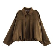 Damen Oversize Cropped Veloursblouson mit Tunnelzug-Bund und Schulterpatten Nord Taschen – Braun