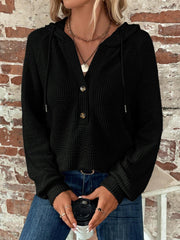 Damen locker geschnittener Waffelstrick Hoodie mit Knopfleiste und Kapuze Nord Taschen – Schwarz - Sofortversand