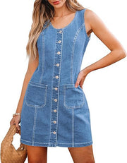 Damen Ärmelloses Jeans-Minikleid mit durchgehender Knopfleiste und aufgesetzten Taschen Nord Taschen – Hellblau