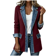 Damen Strickblazer mit Jeansbesatz und Reverskragen Nord Taschen – Dunkelrot