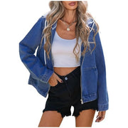 Damen Oversize Jeanskapuzenjacke mit Reißverschluss und aufgesetzten Taschen Nord Taschen – Dunkelblau