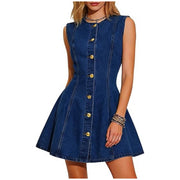 Damen Ärmelloses Jeanskleid mit taillierter A-Linie und durchgehender Knopfleiste Nord Taschen – Dunkelblau