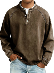 Herren Langarm-Henley Sweatshirt mit Stehkragen und Vintage-Denim-Effekt Nord Taschen – Dunkelbraun