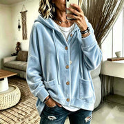 Damen Oversize Kapuzen-Samtjacke mit Knopfleiste und aufgesetzten Taschen Nord Taschen – Hellblau