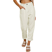 Damen lässige Cordhose mit hoher Taille, lockerer Tapered-Passform und umgeschlagenem Saum Nord Taschen – Weiß