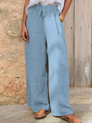 Damen Hochgeschnittene Leinenpalazzo-Hose mit Kordelzug und weitem Bein Nord Taschen – Hellblau