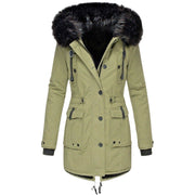 Damen Gefütterter Parka mit Kapuze und abnehmbarem Kunstpelzbesatz, taillierter Wintermantel Nord Taschen – Grün