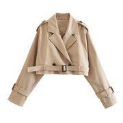 Damen Gekürzte Trenchjacke mit Taillengürtel, Schulterklappen und verstellbaren Ärmelriemen Nord Taschen – Khaki