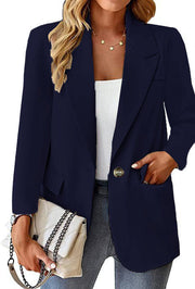 Damen Longline-Blazer im Oversize-Stil mit markantem Revers, Metallknopf und Pattentaschen Nord Taschen – Dunkelblau