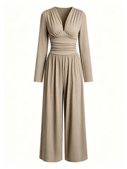 Damen Eleganter V‑Ausschnitt Jumpsuit mit tailliertem Wickelbund und weitem Hosenbein Nord Taschen – Khaki