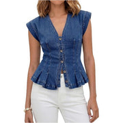 Damen Tailliertes Jeans-Top mit Schößchen und Knopfleiste Nord Taschen – Dunkelblau