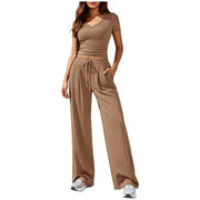 Damen Lässiges Lounge-Set mit tailliertem V-Ausschnitt bauchfreiem Top und weitem Kordelbund-Hose Nord Taschen – Khaki