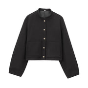 Damen Cropped Wollboxy‑Jacke mit kurzem Stehkragen und aufgesetzten Taschen Nord Taschen – Schwarz
