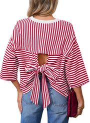 Damen Gestreiftes Oversize-Shirt mit Rückenausschnitt und Schleifenbindung Nord Taschen – Rot