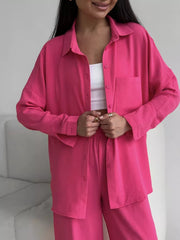 Damen Zweiteiliges Lounge-Set Oversize-Bluse mit Brusttasche und weiter Palazzo-Hose Nord Taschen – Fuchsia