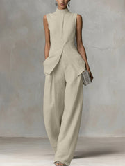 Damen Ärmelloser Leinen-Jumpsuit mit Stehkragen und weitem Bein Nord Taschen – Apricot