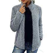 Damen kuschelige Teddy-Fleecejacke mit Stehkragen und Reißverschluss Nord Taschen – Grau