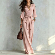 Damen Jumpsuit Wickel-Optik mit weitem Bein, Taillengürtel und Glockenärmeln Nord Taschen – Rosa