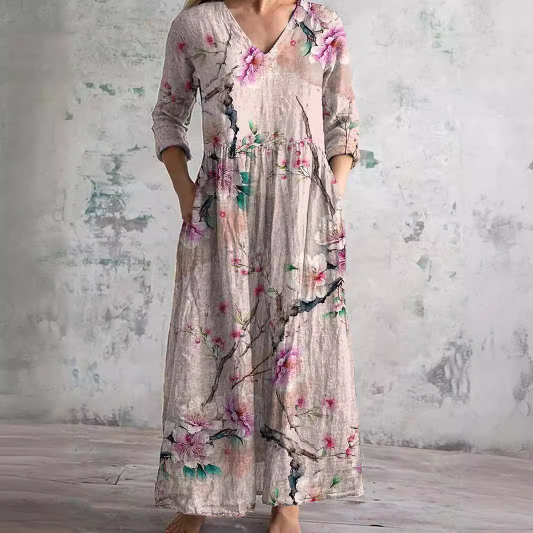 Damen-Maxikleid aus Leinen mit Blumenmuster und V-Ausschnitt